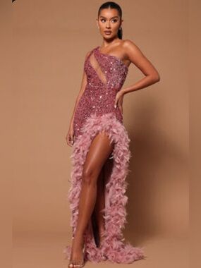 Rose Pink Sequin Feather One Shoulder Maxi Dress | High Low Gown